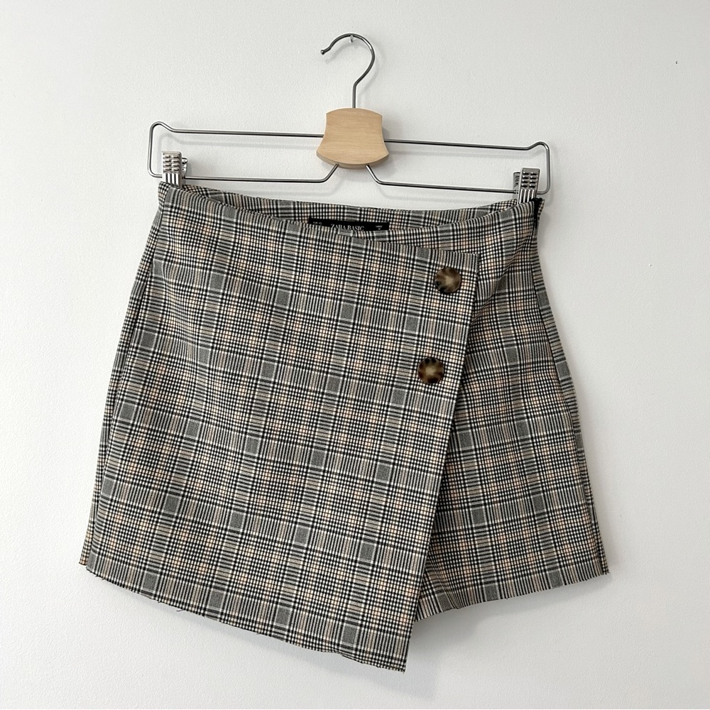 Zara Basic Plaid Wrap Skort W/ Faux Buttons Size XS